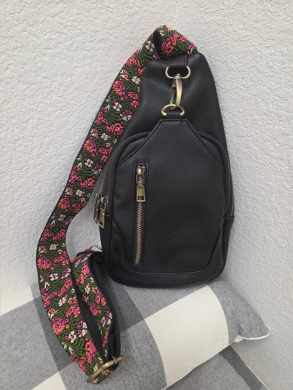 Antik Kraft Black Crossbody Sling Bag with Pink and Green Floral Strap